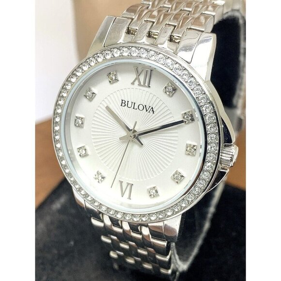 Bulova Women's Watch 96L297 Quartz Silver Dial Gemmed Stainless Steel 32mm - Picture 1 of 13